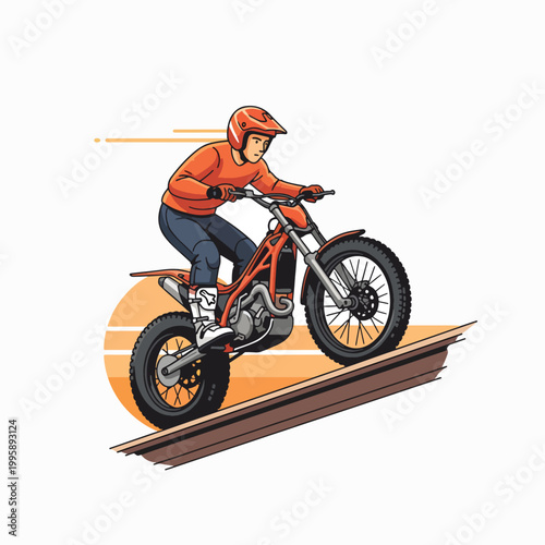 Illustration of a motorcyclist riding an orange motorcycle on a ramp with motion lines, wearing protective gear on a white background.