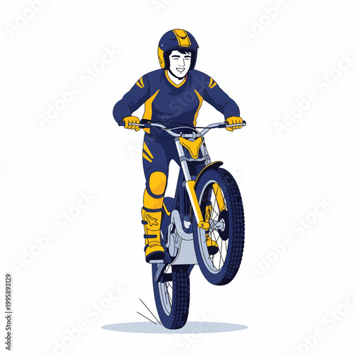 Illustration of a motorcyclist wearing protective gear performing a wheelie on a dirt bike with a bold color scheme against a clean white background.