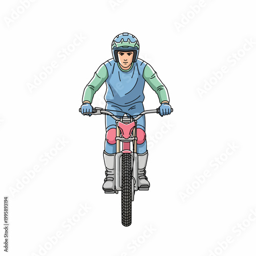 Illustration of a mountain biker wearing protective gear riding a bike with a pink frame on a white background.