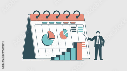 A businessman presenting data on a large calendar with graphs and charts