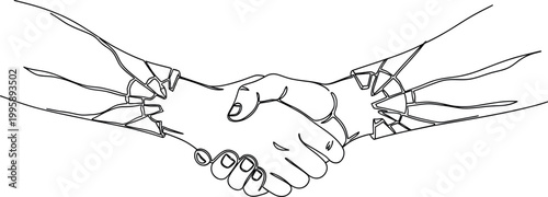 This minimalistic continuous line art drawing dramatically illustrates two hands engaged in a handshake that appears fractured and broken, conveying a powerful message about damaged trust, failed agre
