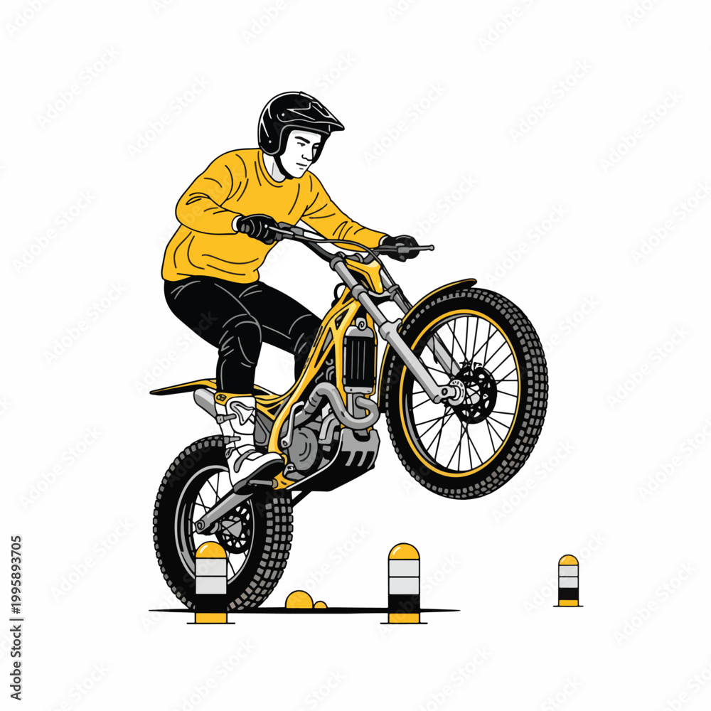 Fototapeta premium Illustration of a motorcyclist in a yellow jacket and black helmet navigating a bike over traffic cones on a white background.