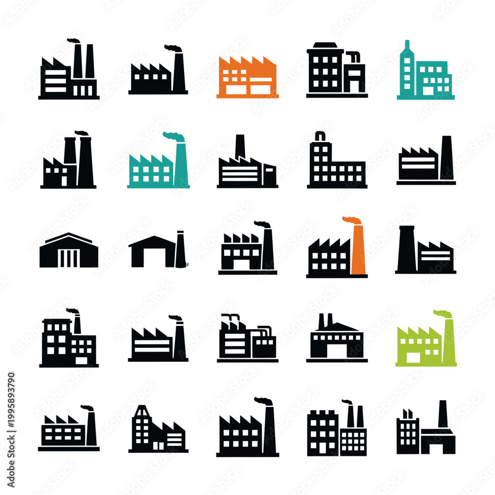 Obraz premium Factory Icons Set: Industrial Buildings, Manufacturing Plants, Power Plants, Production Facilities