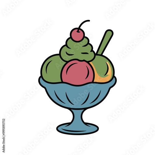 Ice cream colorful illustration in blue glass bowl with fruits
