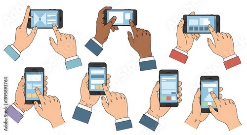 Hands holding smartphones with various screens and interactions.