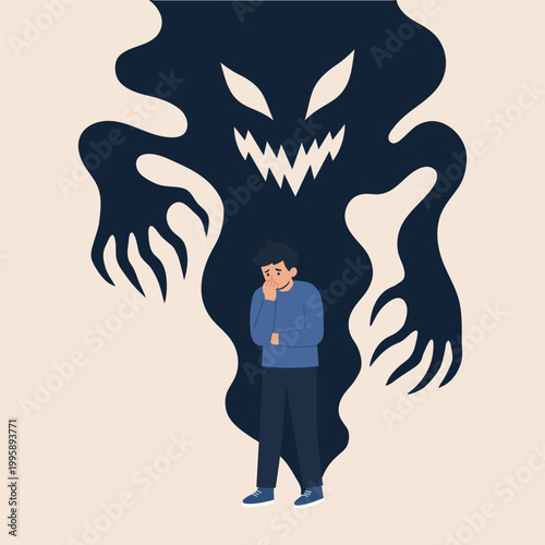 Anxious boy facing fear and inner darkness