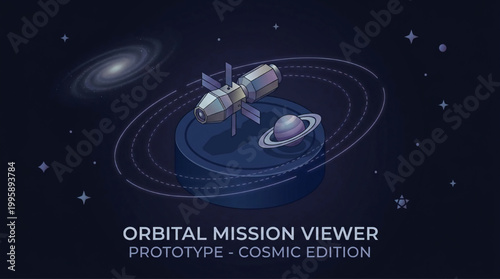 Stylized 3D isometric space mission simulation with orbiting satellite