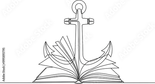 A compelling continuous line art illustration depicts a sturdy anchor firmly positioned on an open book, symbolizing how knowledge provides stability, a strong foundation, and reliable guidance in int