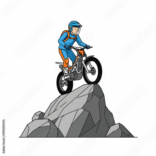 Illustration of a mountain biker in blue gear riding a bike off a rocky outcrop against a white background.