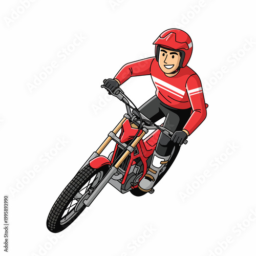 A cartoon cyclist wearing a red helmet and outfit rides a red and black bicycle with a white background.