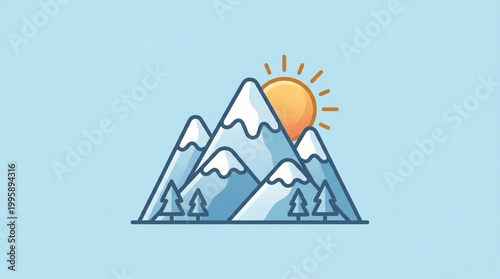 Stylized mountain landscape icon with sun
