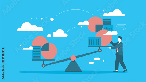 A businessman balancing work and life on a seesaw with graphs and charts in a blue sky background