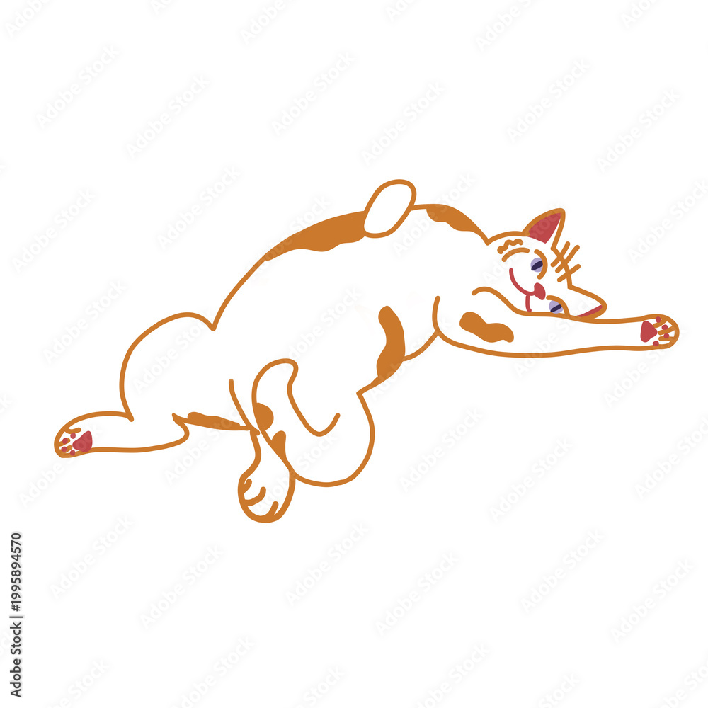 Fototapeta premium Cute cat lying down Digital illustration isolated Red and white cat on white background Cartoon flat illustration isolated on white background Lovely kitten Graphic element for design and website
