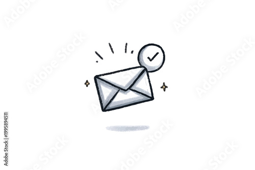 Simple hand-drawn icon of envelope with check mark indicating message sent
