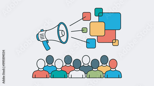 A colorful illustration of a megaphone addressing a diverse group of people with floating speech bubbles.