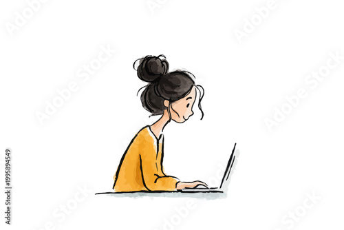 Young caucasian female working on laptop illustration