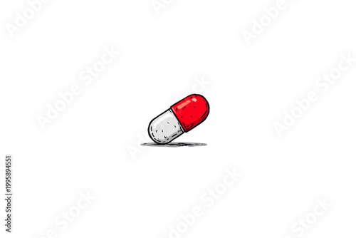 Red and white capsule pill sketch on white background