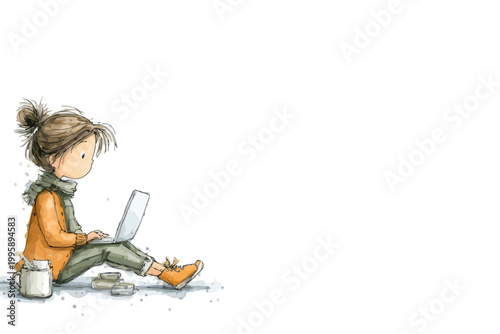 Young caucasian female child sitting with laptop and books in cozy attire on white background