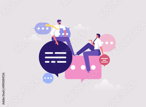 Communicate at work for success concept, conversation or work discussion, advice or suggestion, business people communicating to each other in speech bubbles