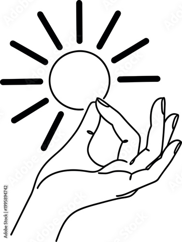 A hand forms a mudra gesture while holding a miniature sun with radiating lines, suggesting enlightenment, inner peace, and the attainment of spiritual fulfillment and radiant happiness.