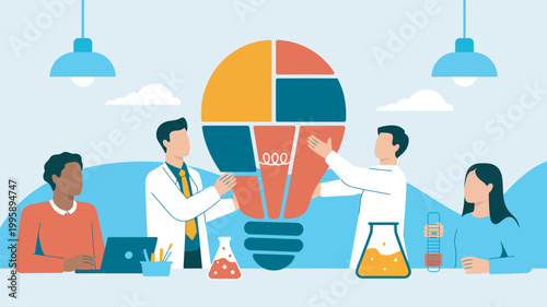 A diverse group of people collaborating on a creative project with a large lightbulb and scientific equipment