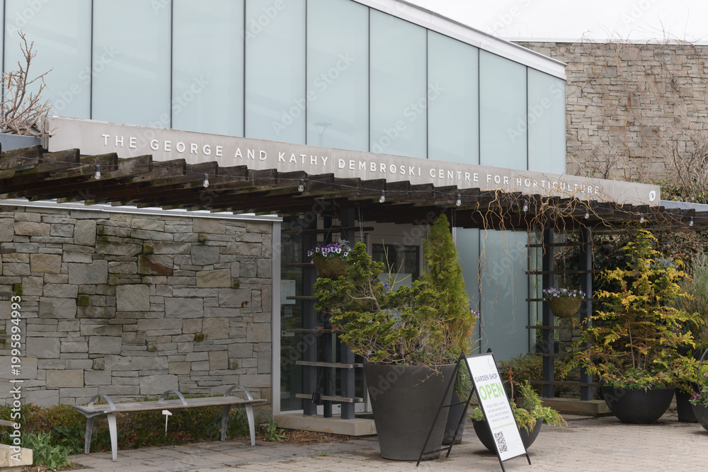 Naklejka premium building exterior and sign of The George and Kathy Dembroski Centre for Horticulture located at Edwards Gardens located at 777 Lawrence Av E, Toronto