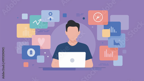 A man sitting at a laptop surrounded by various colorful data and analytics icons on a purple background.