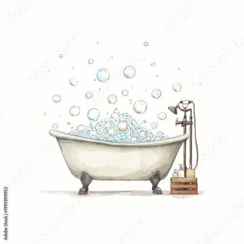 Vintage clawfoot bathtub overflowing with bubbles and floating soap bubbles
