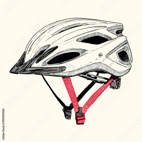 Detailed illustration of a modern bicycle helmet with red straps