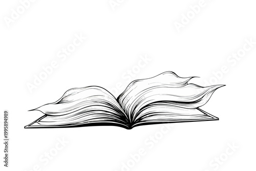 Open book with flowing pages illustration in black and white