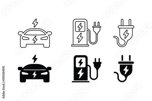 Electric vehicle icon vector set featuring car, charging station, and plug symbols