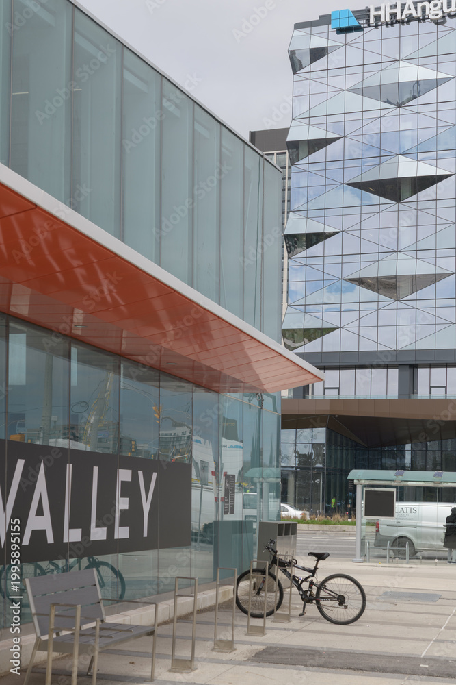 Naklejka premium Crosstown Place office building and exterior of Eglinton Line 5 Don Valley Station (originally Science Centre Station) at 777 Eglinton Av E, at Don Mills Rd, Toronto