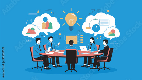 A group of business professionals sitting around a table having a meeting with ideas and thoughts.