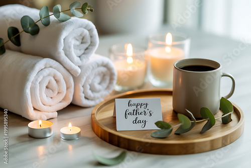 A cozy Father's Day setup with rolled towels, candles, and a cup of coffee on transparent background