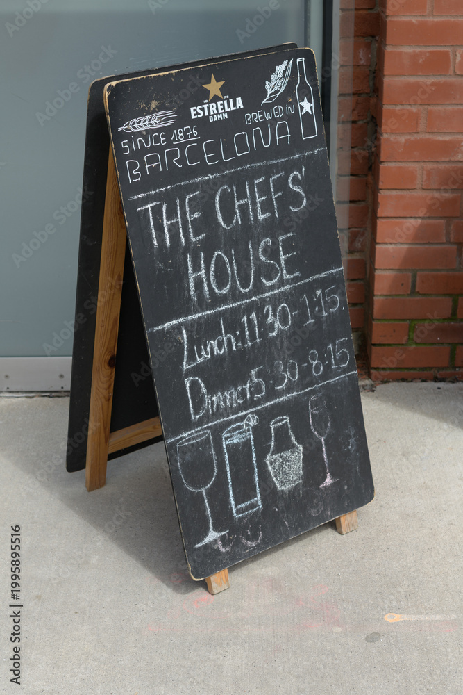 Fototapeta premium classic blackboard A-Frame outside The Chefs' House, a restaurant, located at 215 King St E, Toronto