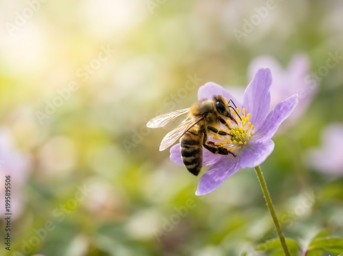 Bee on Purple Flower Collecting Nectar, Spring Macro Scene