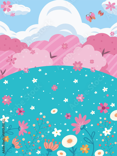 Spring background with cherry blossoms,  flowers and butterflies illustration. 