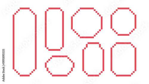 Empty pixel text box vector set featuring pixelated frames, speech bubbles, and talk balloon shapes