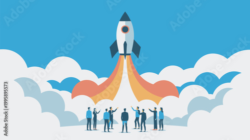 A group of people celebrating a rocket launch into the sky with clouds and a blue background