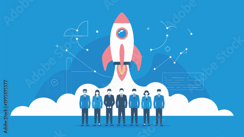 A group of business professionals standing together in front of a rocket ship launching into the sky, symbolizing teamwork and innovation.