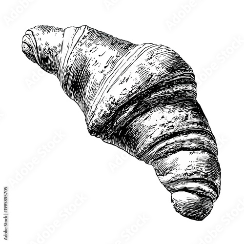 Detailed black and white croissant sketch with textured patterns