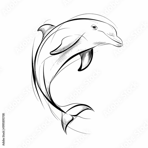Dolphin illustrated in a fluid line art style depicts the graceful movement of the aquatic mammal as it leaps through the sea.