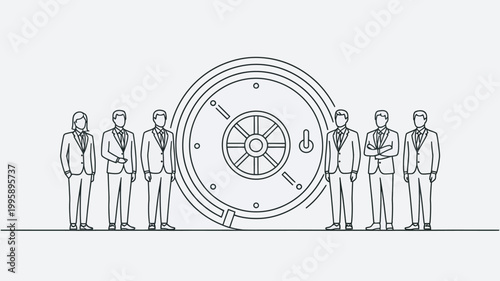 A group of businessmen standing in front of a large vault door, symbolizing security and finance