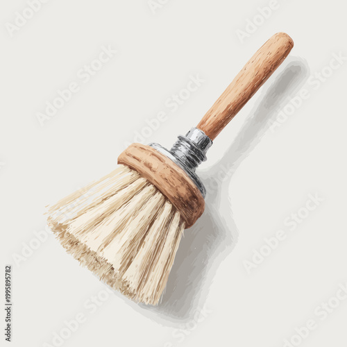 Wooden handled cleaning brush with natural bristles on white background