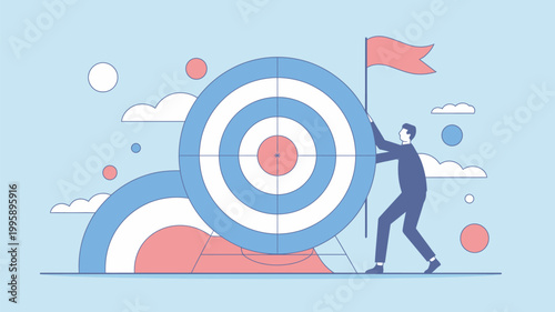 A man pushing a large target with a flag on top, symbolizing goal achievement and success in a colorful illustration.