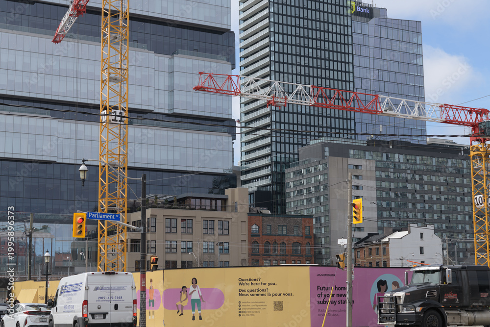 Fototapeta premium construction site with crane (Ontario Line, Corktown Station, King St E, Berkeley, Lower River, Parliament), Toronto