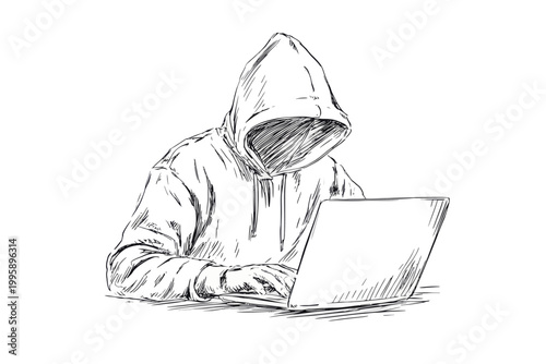 Hooded figure typing at laptop in sketch style illustration