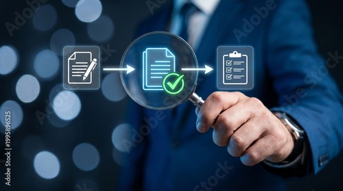 Businessman analyzing documents with a magnifying glass in a modern office setting with a blue suit and tie