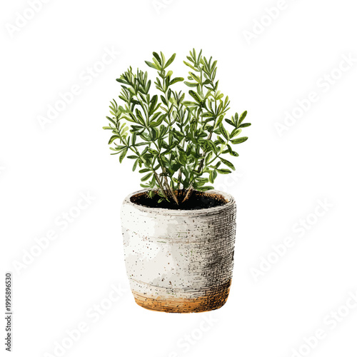 Lush green plant in rustic ceramic pot on white background