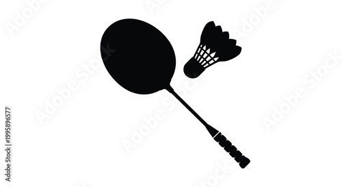 badminton racket and shuttlecock depicted in black silhouette